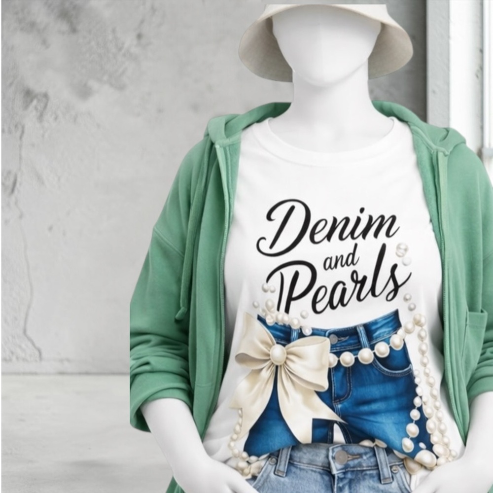 New “Denim and Pearls@ Graphic Tee - White - Picture 8 of 13